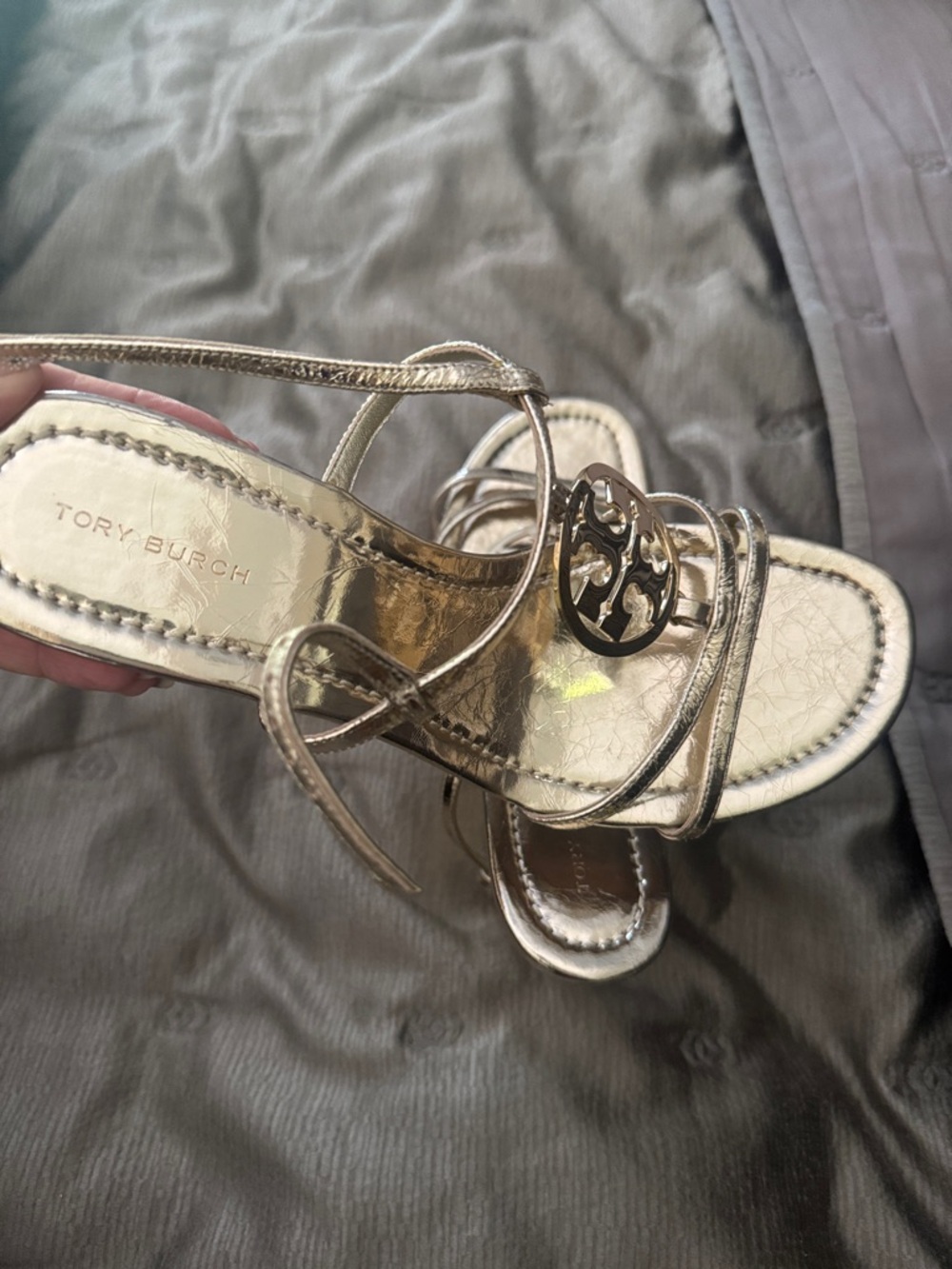 Tory Burch Metallic Silver Logo Lace-Up Sandals